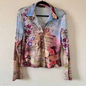 Mechant Women S-M Collar Button Up Semi Sheer Rodeo Floral Cowboy Y2K Artsy